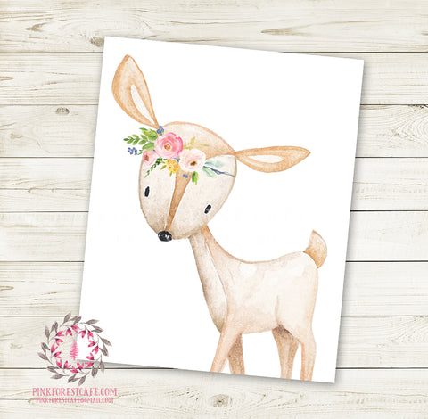 Boho Deer Doe Fawn Wall Art Print Floral Nursery Baby Girl Room Watercolor Woodland Bohemian Printable Decor