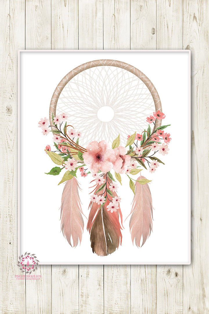 Boho Nursery Print Wall Art Watercolor Dreamcatcher Floral Feather Tribal Woodland Rustic Baby Girl Room Printable Bohemian Decor