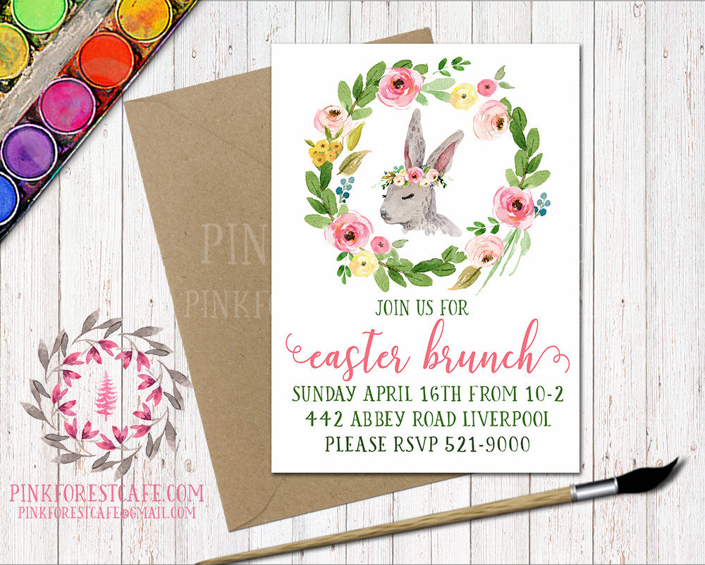 Bunny Rabbit Woodland Easter Brunch Boho Garden Floral Birthday Party Baby Bridal Shower Invitation Announcement Invite Watercolor Printable