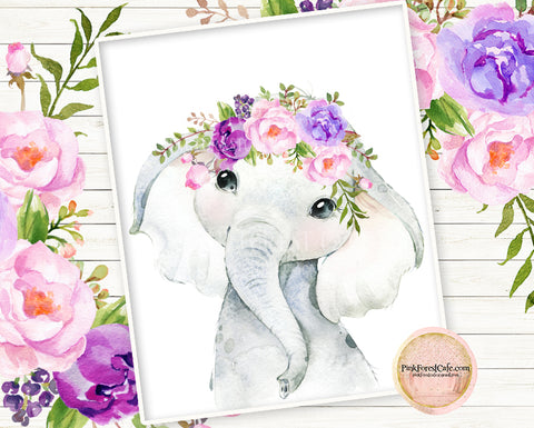 Purple Peony Boho Elephant Wall Art Print Peonies Nursery Baby Girl Room Floral Bohemian Watercolor Printable Decor