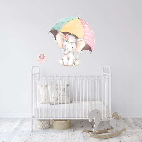 Umbrella Elephant Watercolor Wall Decal Sticker Wallpaper Decals Baby Nursery Art Decor