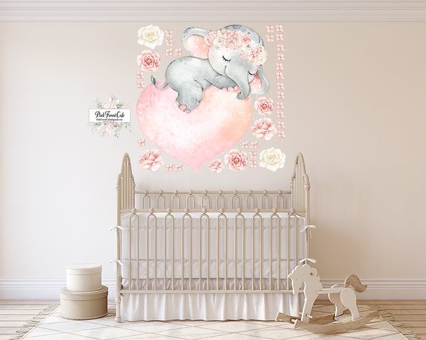 40" Elephant Blush Peony Wall Decal Sticker Peonies Rose Heart Floral Pink Flower Decals Sticker Art Boho Decor