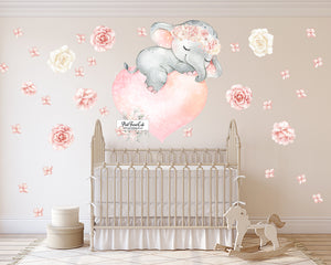 40" Elephant Blush Peony Wall Decal Sticker Peonies Rose Heart Floral Pink Flower Decals Sticker Art Boho Decor