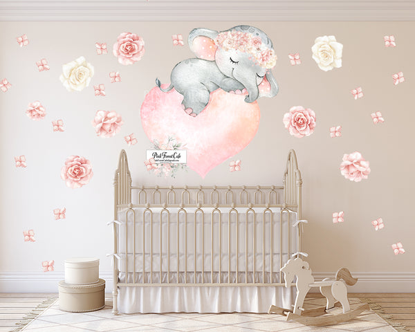 40" Elephant Blush Peony Wall Decal Sticker Peonies Rose Heart Floral Pink Flower Decals Sticker Art Boho Decor