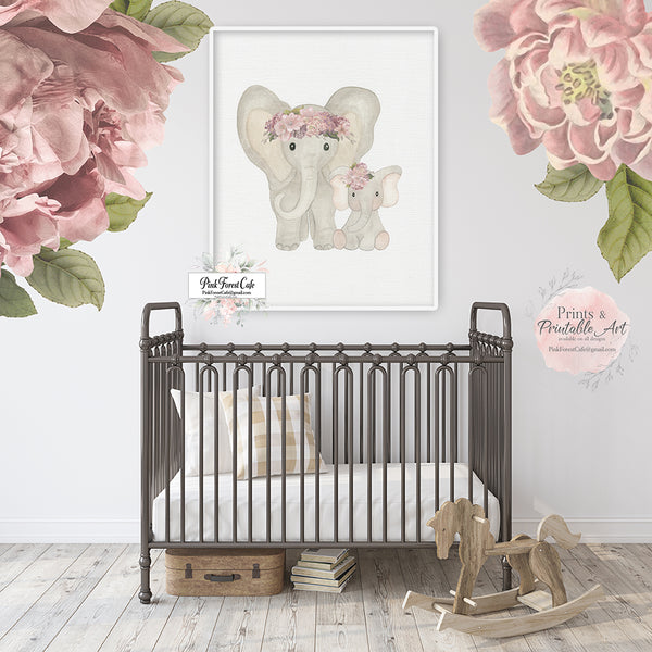 Mauve Elephant Wall Art Print Dusty Rose Nursery Baby Girl Zoo Safari Watercolor Animal Decor