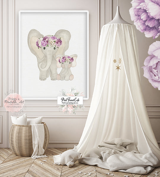 Elephant Purple Peony Wall Art Print Nursery Baby Girl Watercolor Peony Zoo Safari Jungle Decor