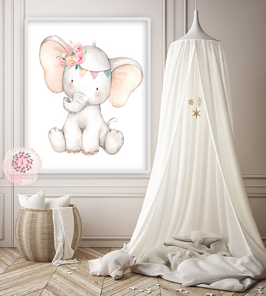 Boho Elephant Wall Art Print Nursery Baby Girl Room Floral Bohemian Watercolor Printable Decor