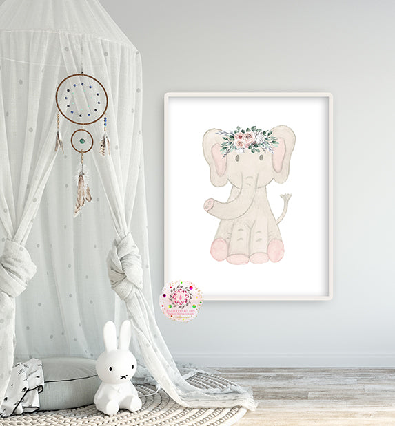 Ethereal Elephant Boho Zoo Animal Wall Art Print Watercolor Baby Girl Feather Neutral Nursery Printable Decor