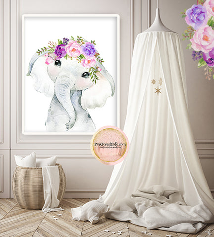 Purple Peony Boho Elephant Wall Art Print Peonies Nursery Baby Girl Room Floral Bohemian Watercolor Printable Decor