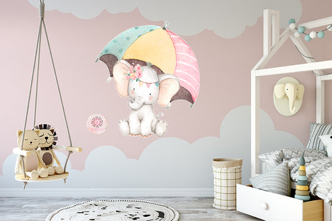 Umbrella Elephant Watercolor Wall Decal Sticker Wallpaper Decals Baby Nursery Art Decor