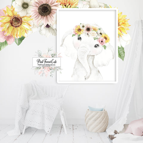 Elephant Wall Art Print Boho Blush Sunflower Baby Girl Nursery Room Floral Bohemian Watercolor Printable Décor