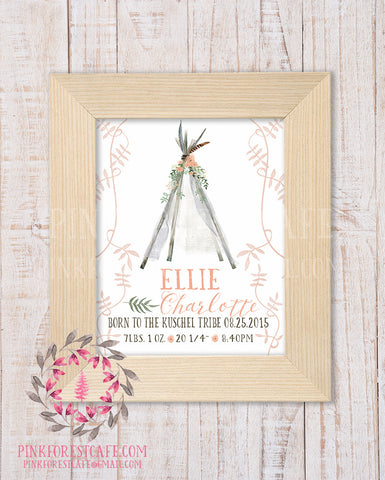 Boho Baby Birth Stats Announcement Girl Teepee Tribal Woodland Nursery Room Printable Print Wall Art Decor