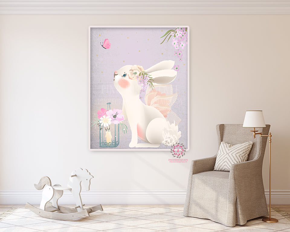 Purple Boho Bunny Baby Girl Nursery Wall Art Print Ethereal Whimsical Bohemian Floral Woodland Animal Printable Decor