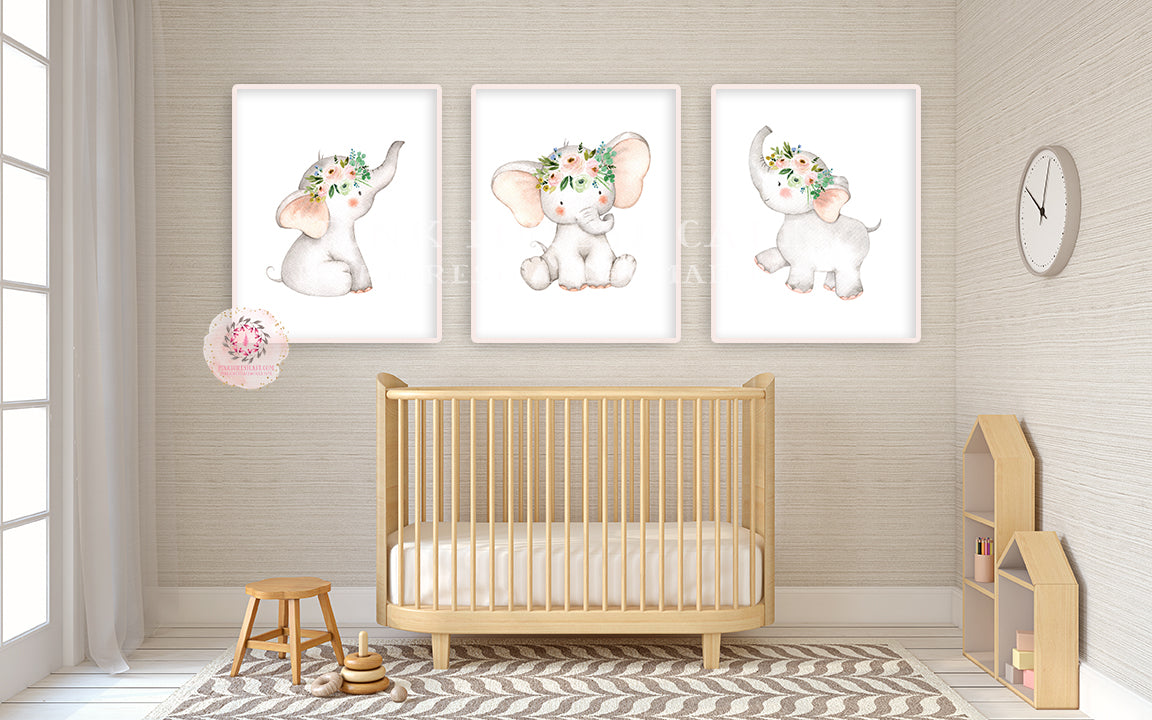 3 Boho Elephant Wall Art Print Baby Girl Nursery Mint Blush Pink Whimsical Zoo Safari Animal Watercolor Printable Decor