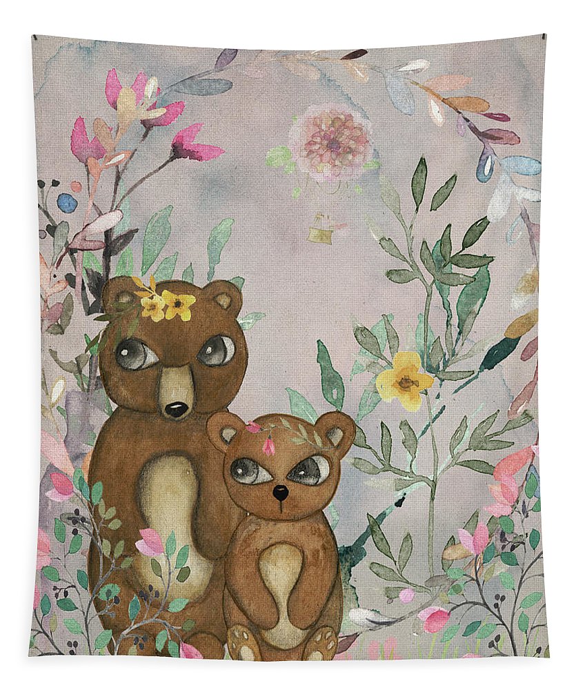 Ethereal Woodland Bear Pair Wall Art Fabric Tapestry Hanging Baby Girl Nursery Boho Decor