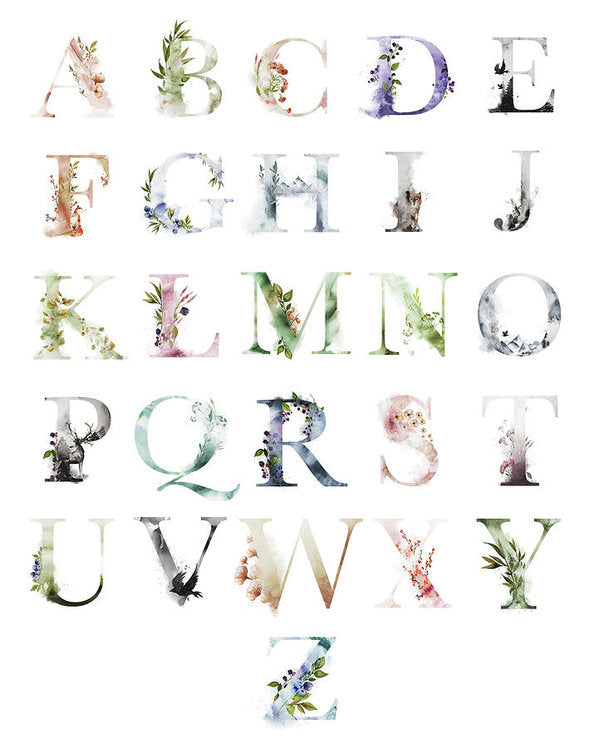 Ethereal Woodland Boho Abc Alphabet Sampler Wall Art Print Poster Sign