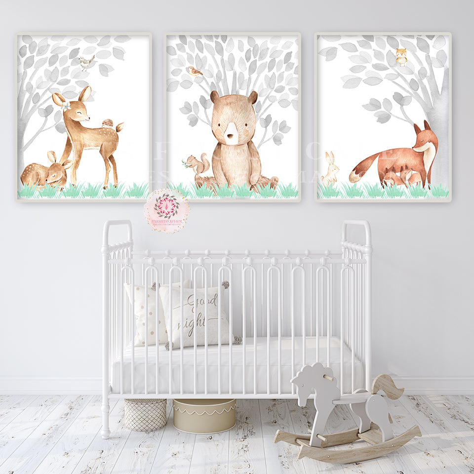 3 Forest Woodland Animals Wall Art Print Fox Bear Deer Baby Set Lot Prints Printable Decor