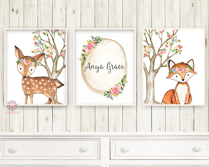 3 Boho Deer Fox Baby Name Wall Art Print Woodland Nursery Baby Girl Room Set Lot Watercolor Personalized Birth Stats Prints Decor