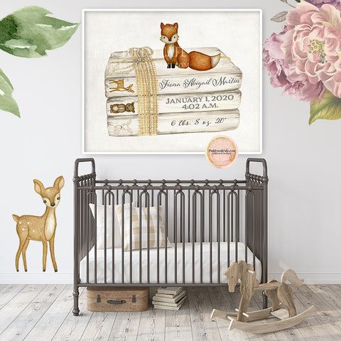 Woodland Bear Bunny Deer Fox Stacked Books Wall Art Print Birth Stats Baby Name Nursery Printable Decor