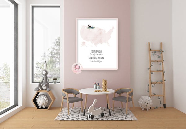 Wanderlust Map Baby Name Wall Art Print Birth Stats Nursery Baby Boy Girl Room Watercolor Personalized Printable Decor