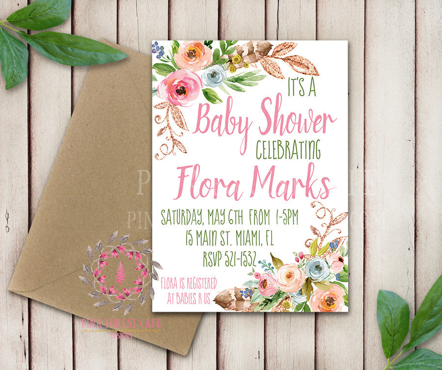 Baby Bridal Shower Birthday Party Wedding Invitation Save The Date Announcement Invite Feathers Tribal Woodland Watercolor Floral Rustic Printable Art Stationery Card