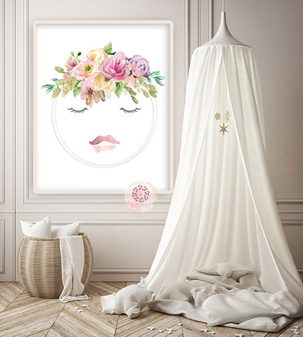 Purple Floral Moon Face Wall Art Print Nursery Baby Girl Room Blush Bohemian Watercolor Lips Printable Decor