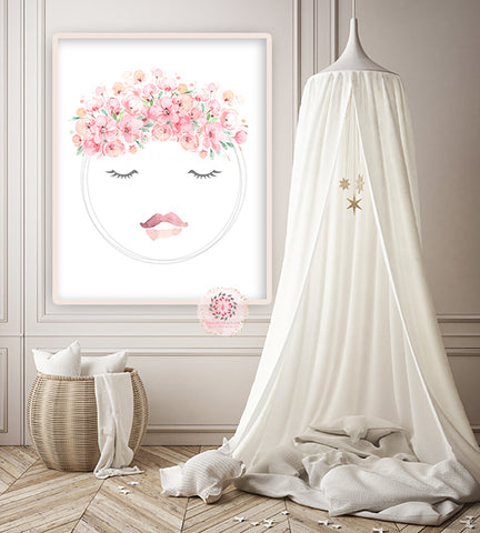 Floral Moon Wall Art Print Nursery Baby Girl Room Blush Bohemian Watercolor Lips Printable Decor