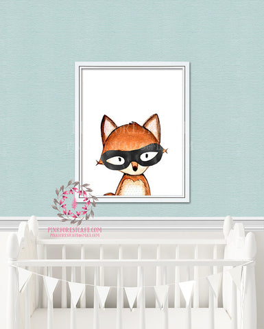 Masked Fox Bandit Mask Woodland Nursery Decor Watercolor Wall Art Printable Print