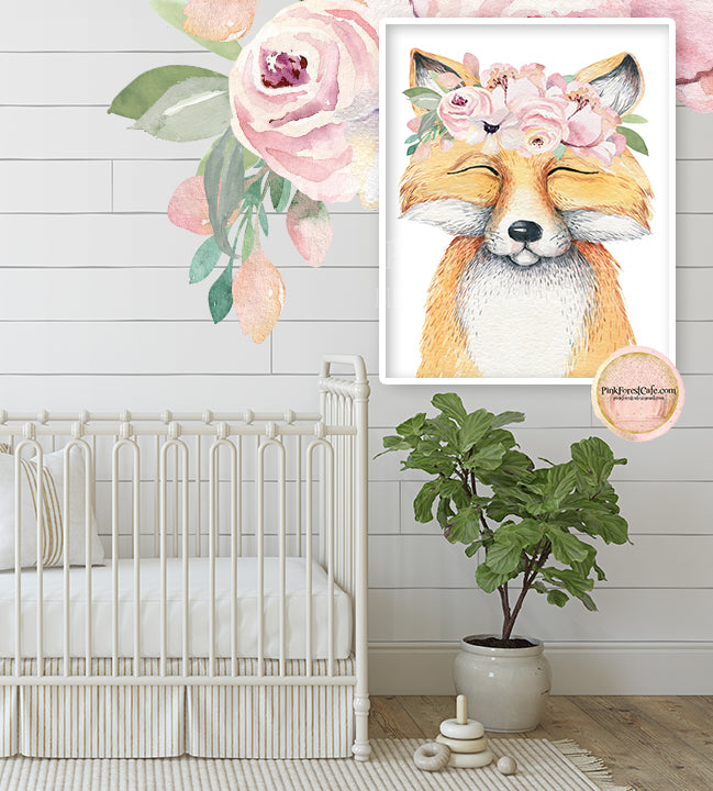 Boho Blush Fox Anemone Peony Wall Art Print Baby Girl Nursery Bohemian Floral Baby Room Decor