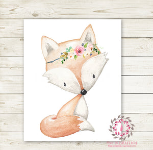 Boho Fox Wall Art Print Floral Nursery Baby Girl Room Watercolor Woodland Bohemian Printable Decor