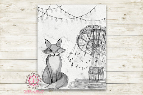 Monochrome Fox Nursery Wall Art Print Ethereal Amusement Park Woodland Black White Circus Rustic Swing  "Freddy Fox" Boho Printable Watercolor Mystery Fantasy Magical Carnival Decor