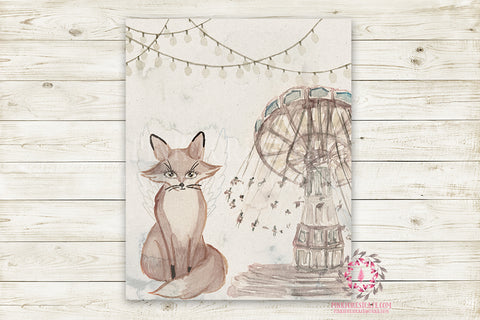 Monochrome Fox Nursery Wall Art Print Ethereal Amusement Park Woodland Rustic Swing  "Freddy Fox" Boho Printable Watercolor Mystery Fantasy Magical Carnival Decor