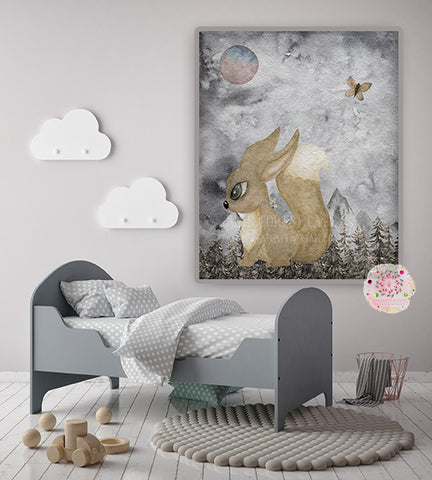 Woodland Bunny Rabbit Fox Ethereal Wall Art Print Watercolor Baby Neutral Nursery Exclusive Printable Monochromatic Decor