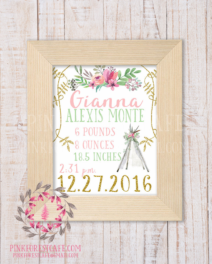 Boho Baby Birth Stats Announcement Girl Feathers Teepee Tribal Woodland Nursery Room Printable Print Wall Art Decor