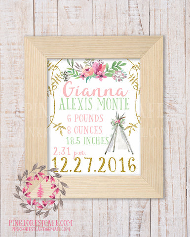 Boho Baby Birth Stats Announcement Girl Feathers Teepee Tribal Woodland Nursery Room Printable Print Wall Art Decor