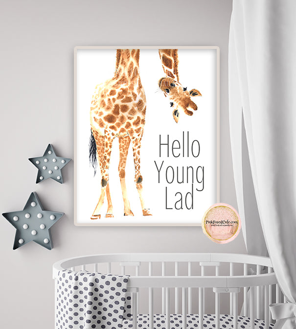 Giraffe Hello Young Lad Wall Art Print Nursery Baby Boy Watercolor Roo ...