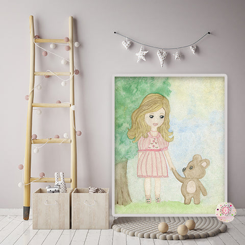 Girl Holding Bear Hand Boho Wall Art Print Baby Nursery Room Watercolor Printable Decor