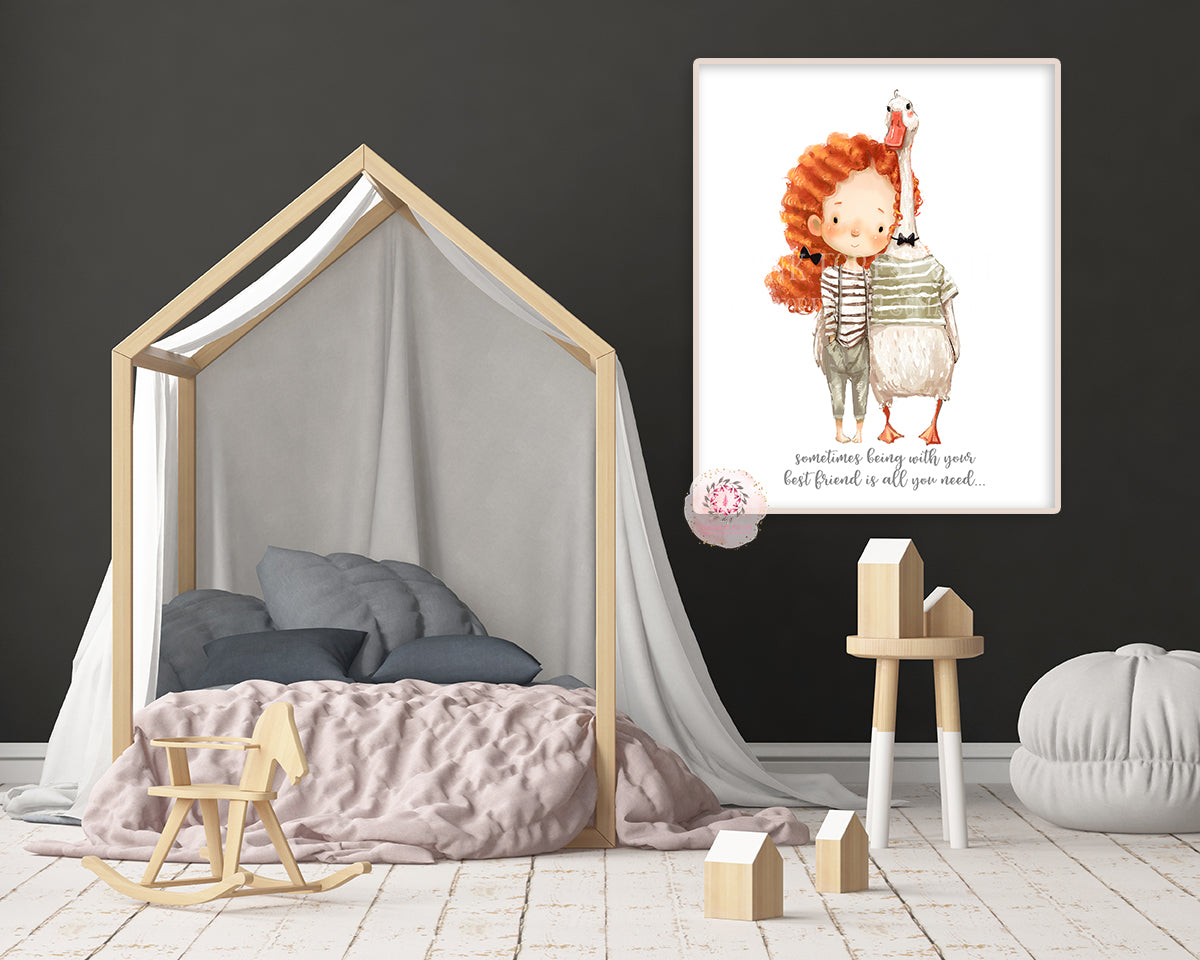 Boho Redhead Girl Duck Nursery Wall Art Print Baby Room Farm Farmhouse Watercolor Best Friend Printable Decor