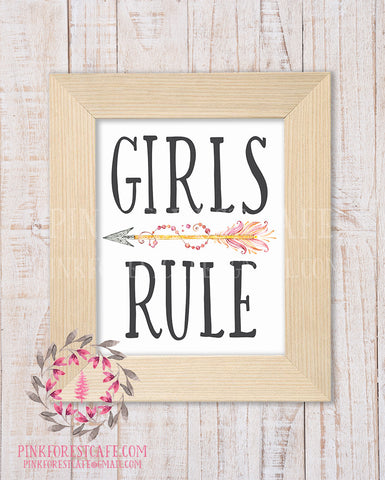 Girls Rule Boho Arrow Tribal Woodland Baby Girl Nursery Decor Wall Art Printable Print