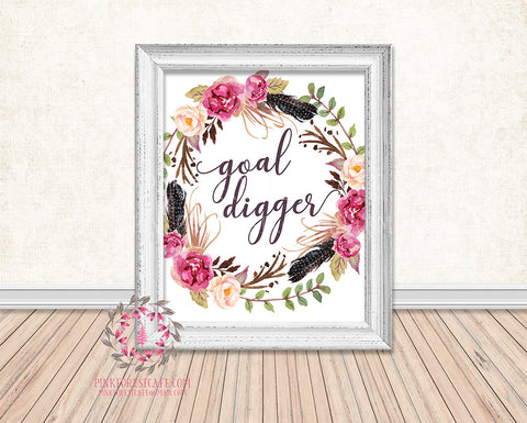 Goal Digger Boho Watercolor Floral Tribal Feather Printable Print Wall Art Home Decor