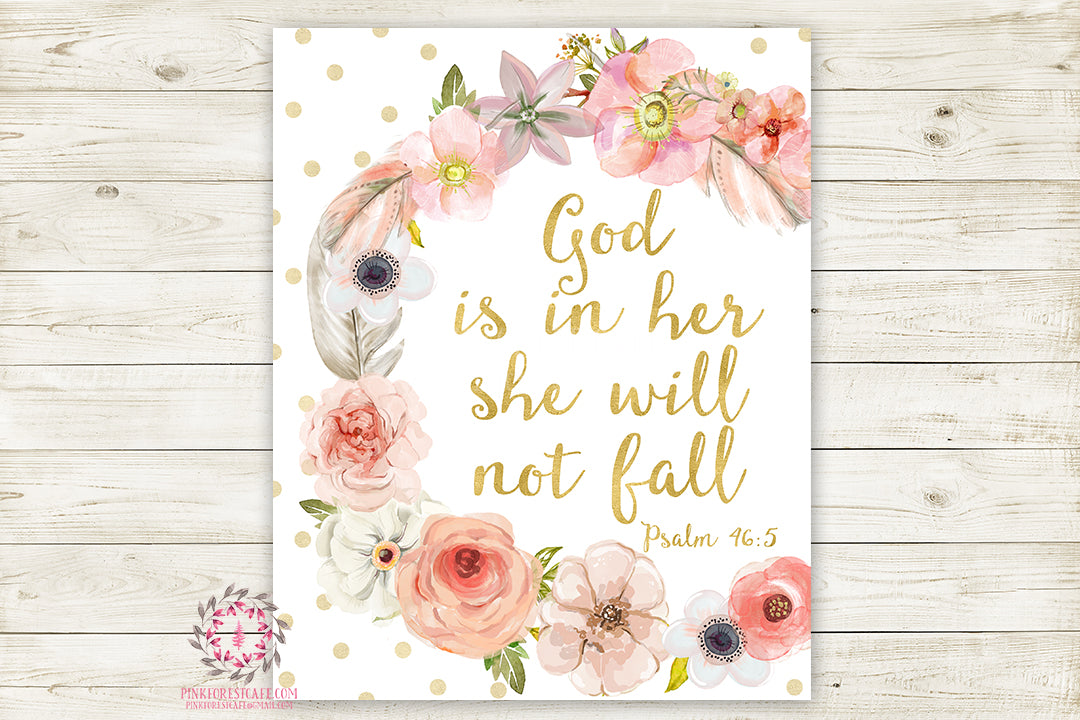 Boho God Is In Her She Will Not Fall Wall Art Print Baby Nursery Psalm 46:5 Bible Verse Home Printable Decor