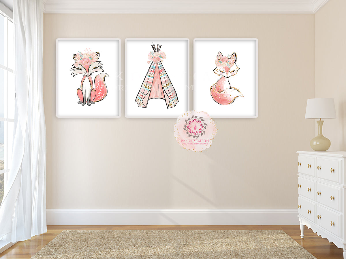 3 Gold Fox Teepee Woodland Wall Art Print Boho Feather Prints Floral Nursery Baby Girl Room Set Lot Printable Decor