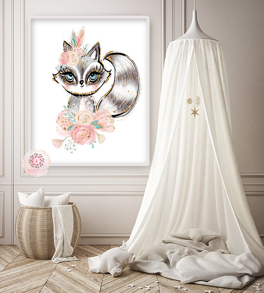 Gold Raccoon Woodland Wall Art Print Boho Feather Floral Nursery Baby Girl Room Printable Decor