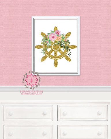 Gold Glitter Ship Wheel Floral Nautical Printable Print Wall Art Home Nursery Home Decor