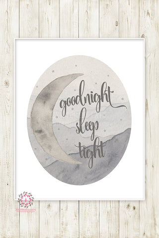 Woodland Moon Monochrome Nursery Wall Art Print Baby Boy "Goodnight Sleep Tight" Mountains Ethereal Watercolor Printable Decor