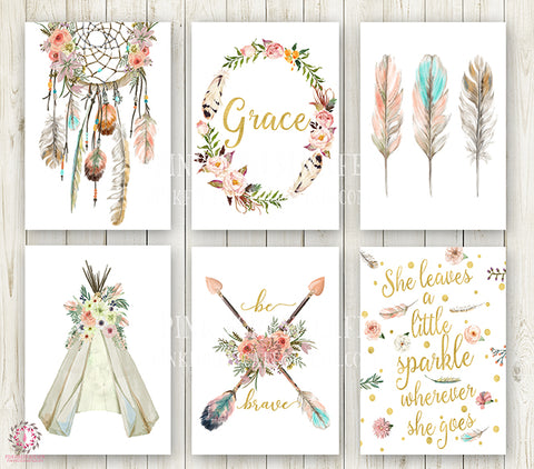 Boho Nursery Print Wall Art Set of 6 Teepee Dreamcatcher Feathers Arrow Baby Name Watercolor Gold Floral Girl Room Prints Printable Print Bohemian Decor