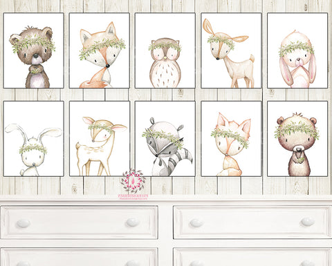 SALE Lot 10 Bunny Bear Deer Fox Woodland Wall Art Print Boho Bohemian Baby's Breath Greenery Nursery Baby Girl Room Set Prints Printable Home Decor