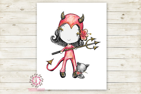 Devil Halloween Girl Black Cat Party Wall Art Print Printable Watercolor Decor