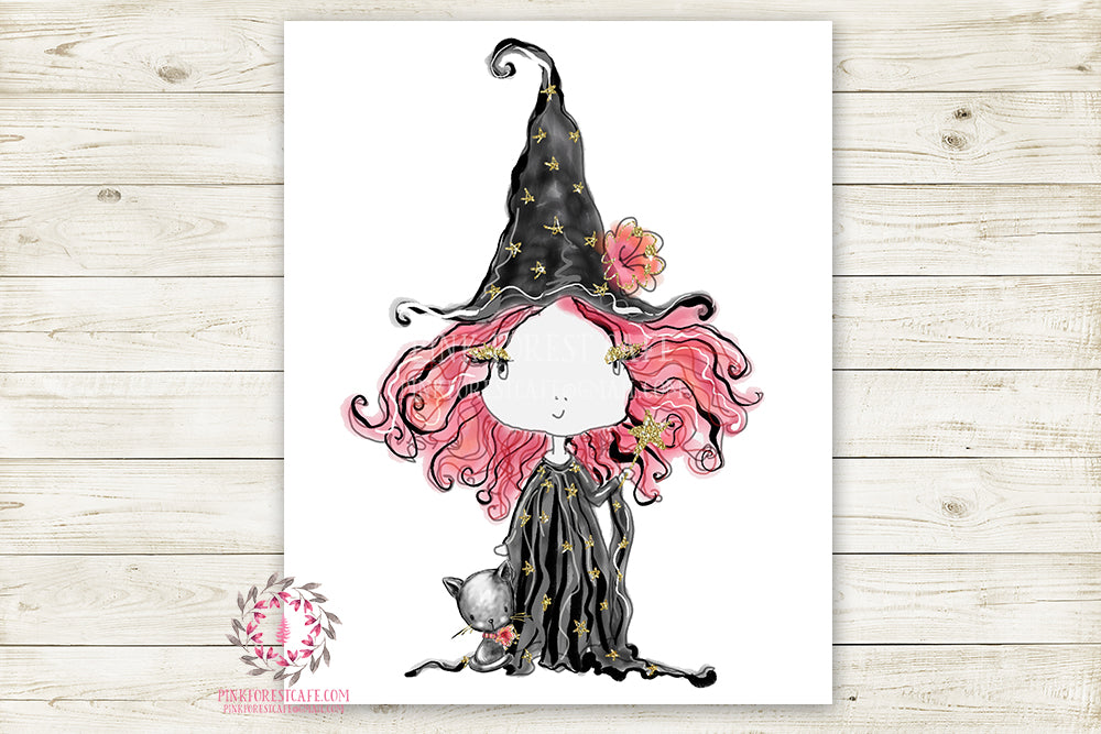 Witch Halloween Girl Black Cat Party Wall Art Print Printable Watercolor Decor