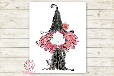 Witch Halloween Girl Black Cat Party Wall Art Print Printable Watercolor Decor